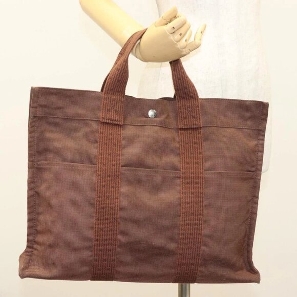 HERMES Her Line MM Tote Bag Canvas Brown Silver Auth - Picture 1 of 16